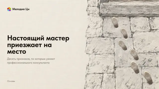 Светлые каменные плиты двора сухой кистью, вид сверху; к порогу дома ведут шесть следов подошв, вышитых шёлком