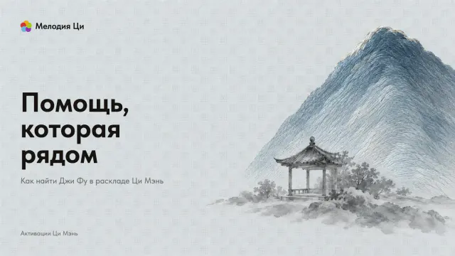 Светлая беседка, написанная мокрой тушью, стоит открытой стороной влево, а за её спиной поднимается большая гора, вышитая серо-голубым шёлком