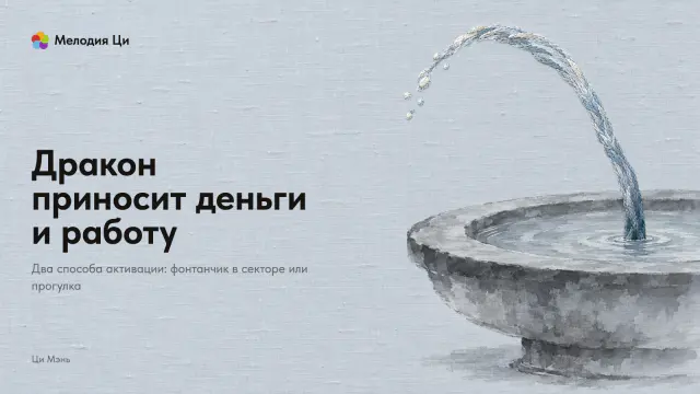 Широкая каменная чаша светлыми размывами туши, из неё поднимается вышитая шёлком струя воды и загибается влево, как повёрнутая голова